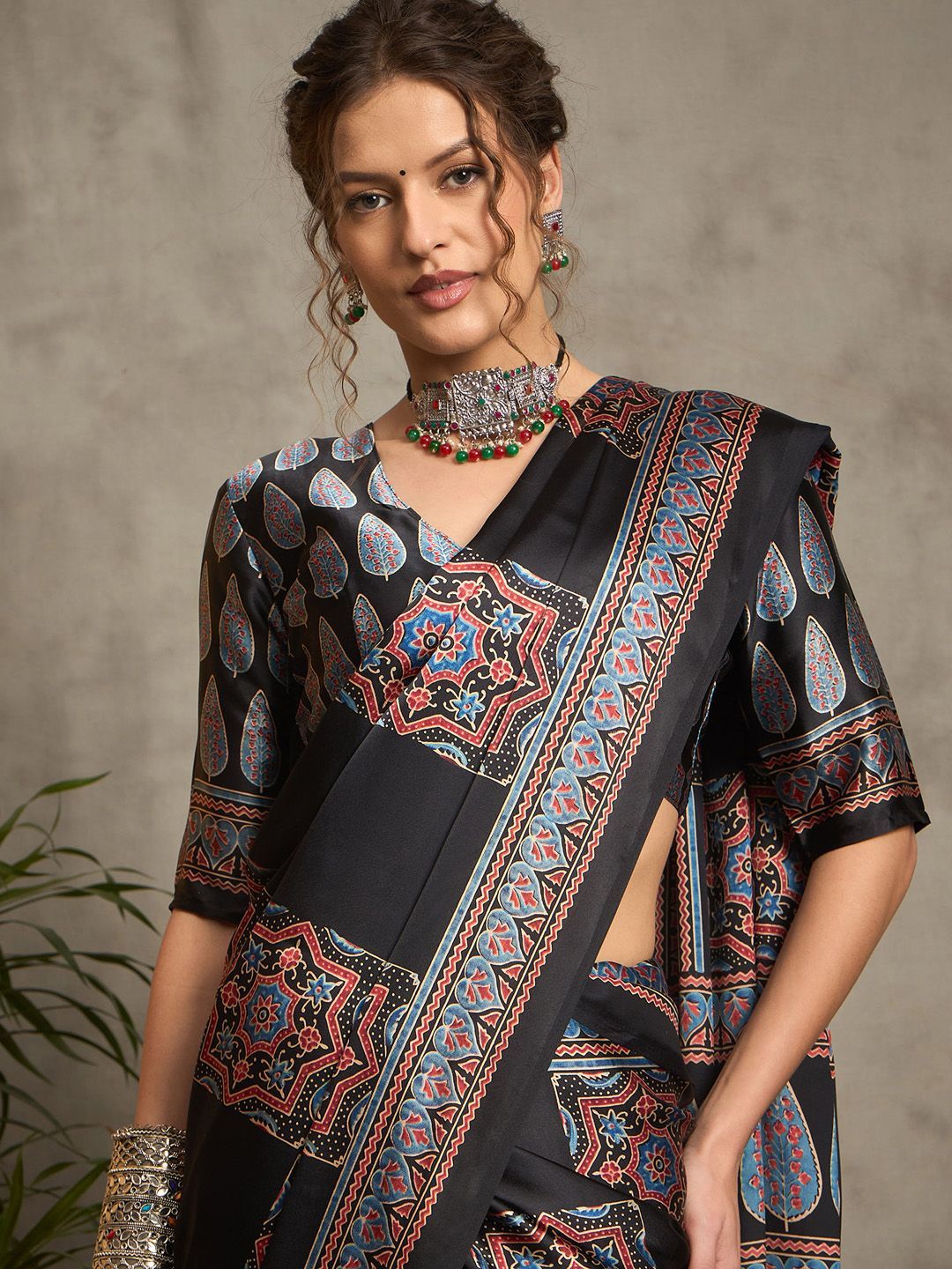 Black Gajji Silk Saree with Multicolor Ajrakh Motifs & Designer Pallu