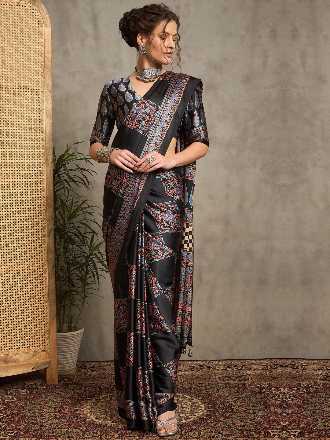 Black Gajji Silk Saree with Multicolor Ajrakh Motifs & Designer Pallu