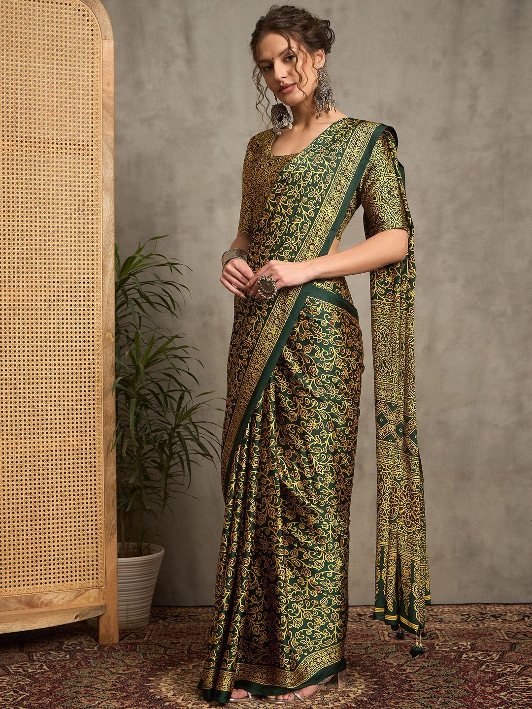 Elegant Handcrafted Gajji Silk Saree in Deep Green with Mustard Ajrakh Print