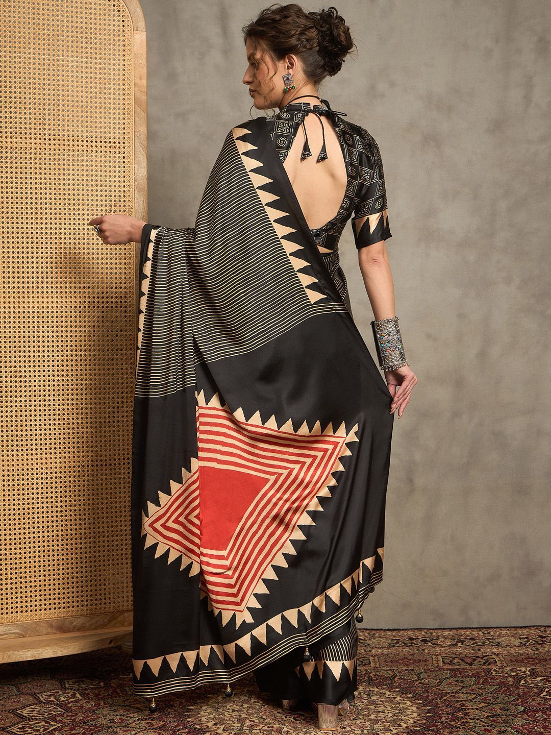 Black Gajji Silk Saree with Tribal Red Geometric Motif & Contrast Border