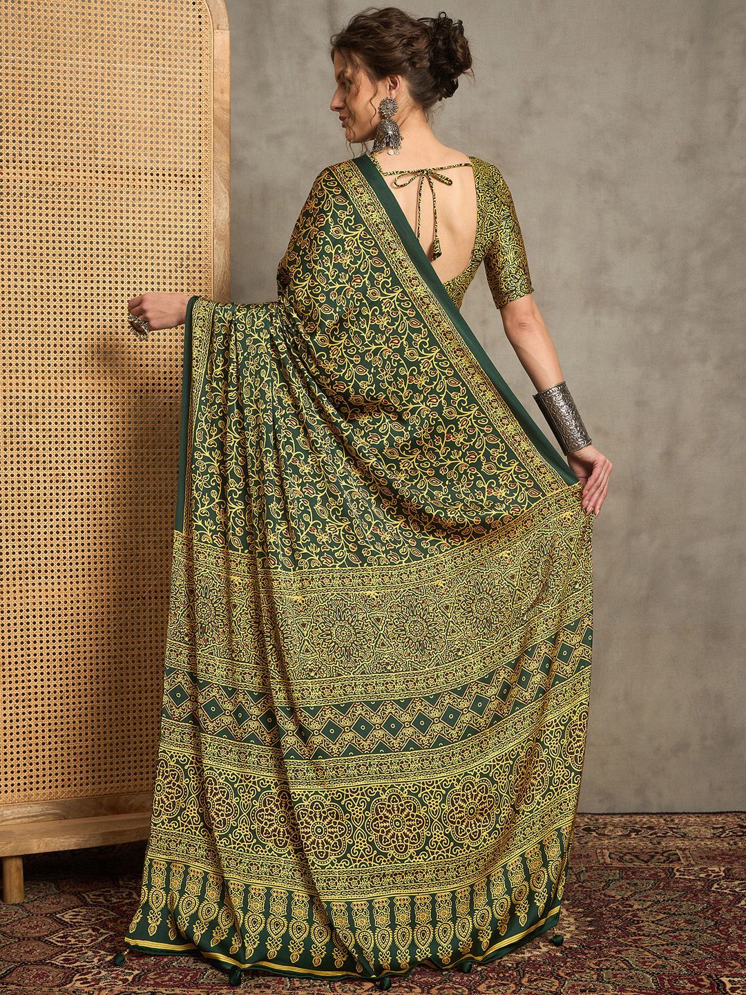 Elegant Handcrafted Gajji Silk Saree in Deep Green with Mustard Ajrakh Print