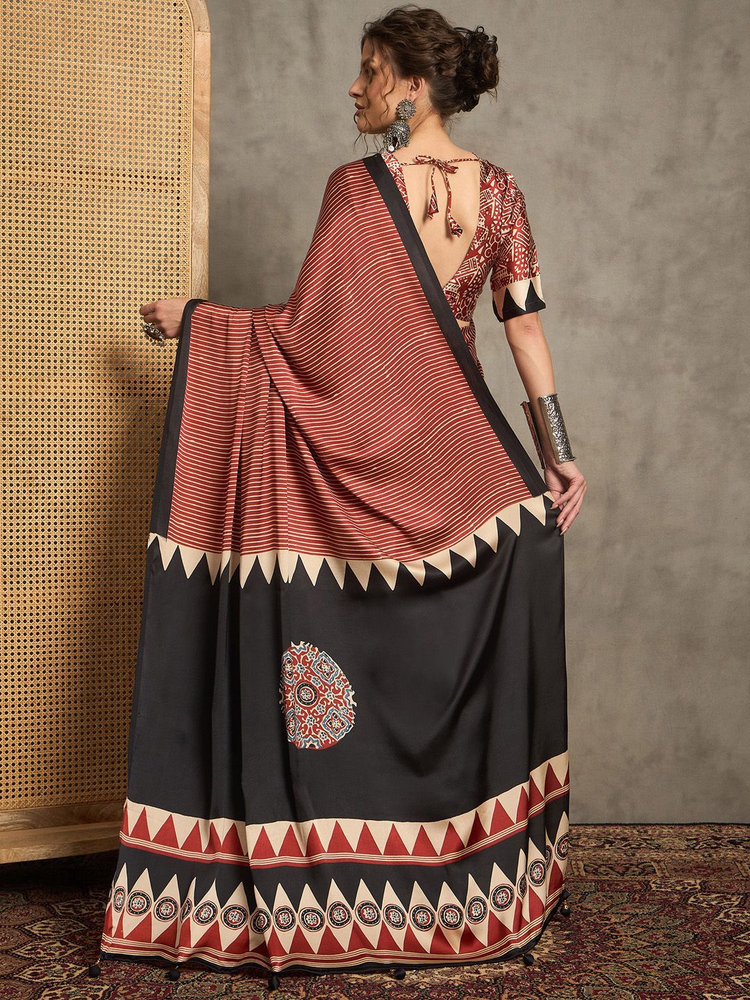Contemporary Rust & Black Gajji Silk Saree with Tribal-Inspired Border & Printed Blouse